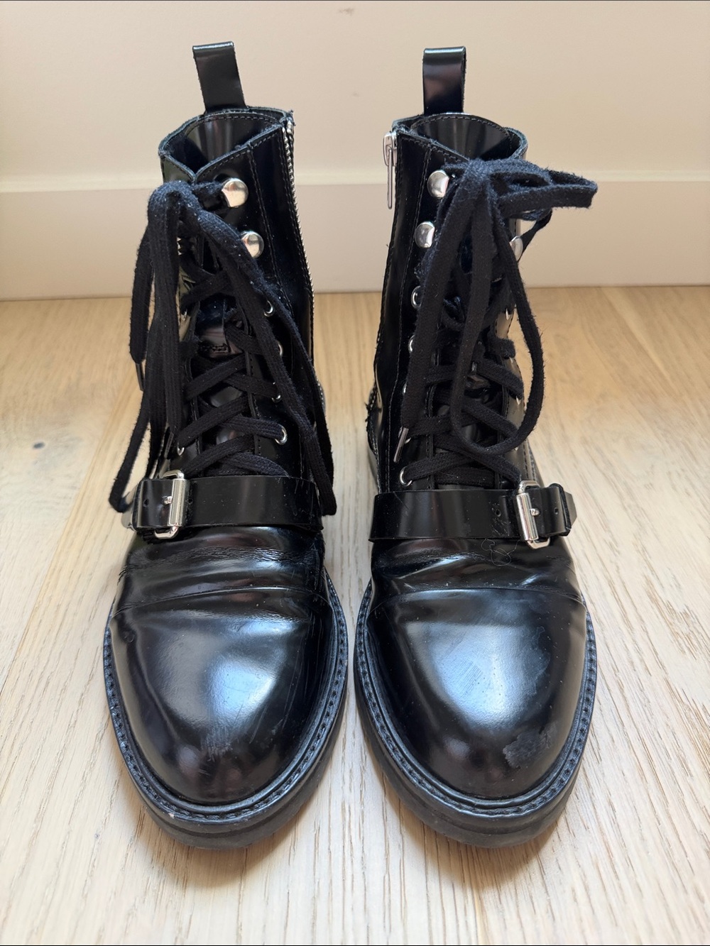 All Saints Black Lace-Up Buckle Boots